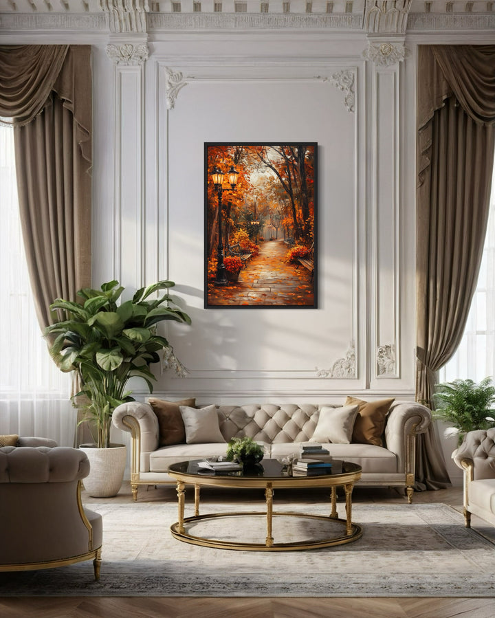 Autumn Street In The Park Framed Canvas Wall Art in living room