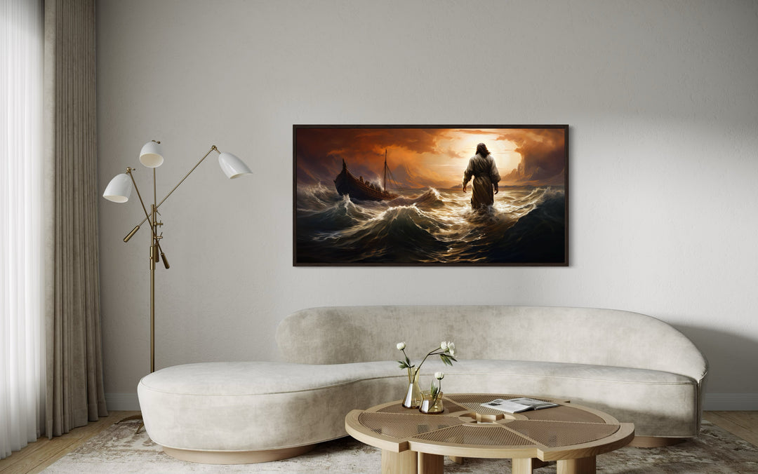 Jesus Walking On Water In Storm Modern Christian Framed Canvas Wall Art above couch