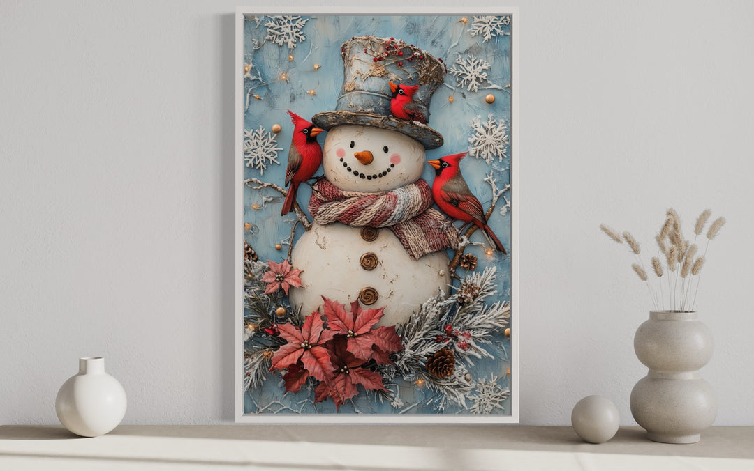 Snowman With Red Cardinals Framed Canvas Wall Art close up