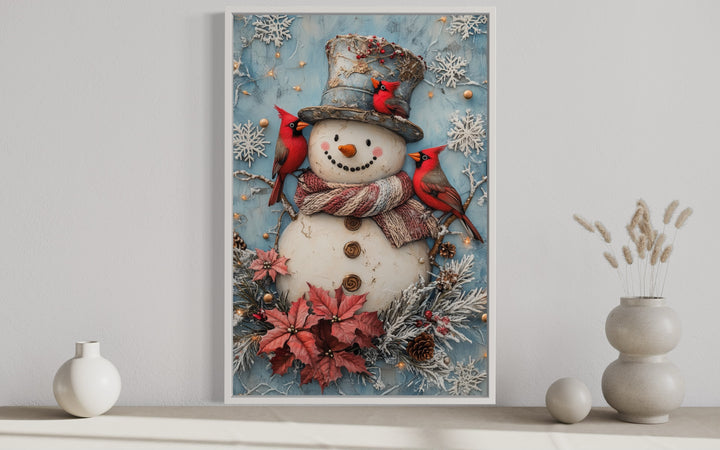 Snowman With Red Cardinals Framed Canvas Wall Art close up