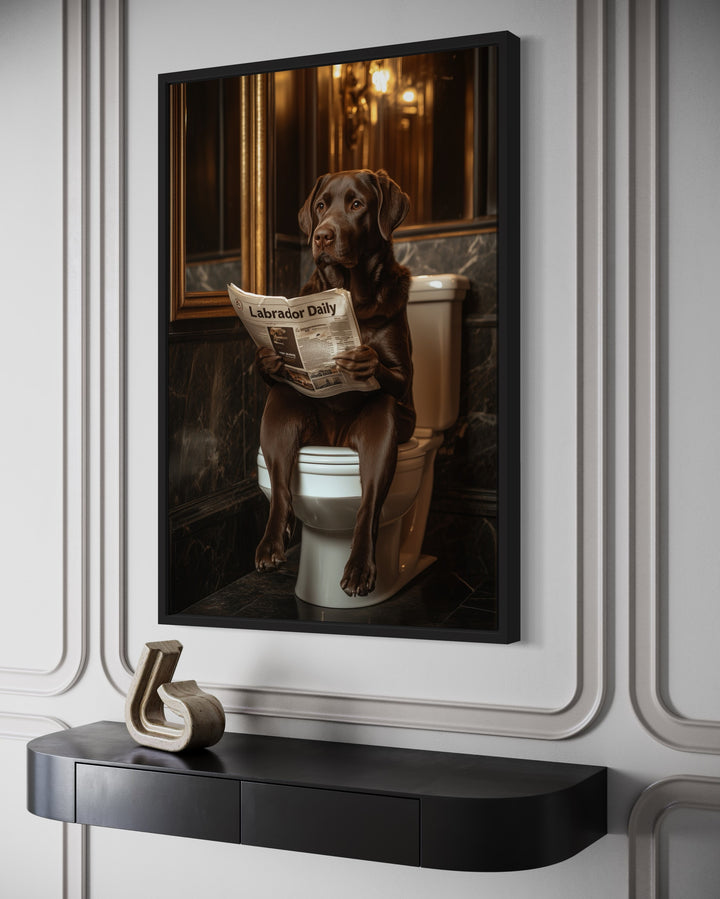 brown Labrador sitting on a toilet reading a newspaper poster