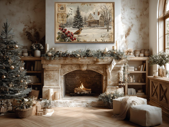 Vintage Christmas Postcard And Winter Bird and House Canvas Wall Art