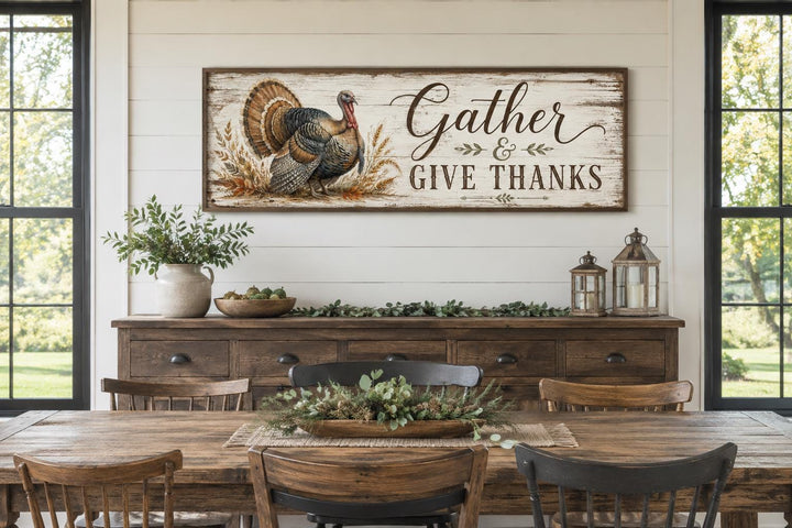 Gather and Give Thanks turkey wall art above a wooden sideboard in a farmhouse dining room.