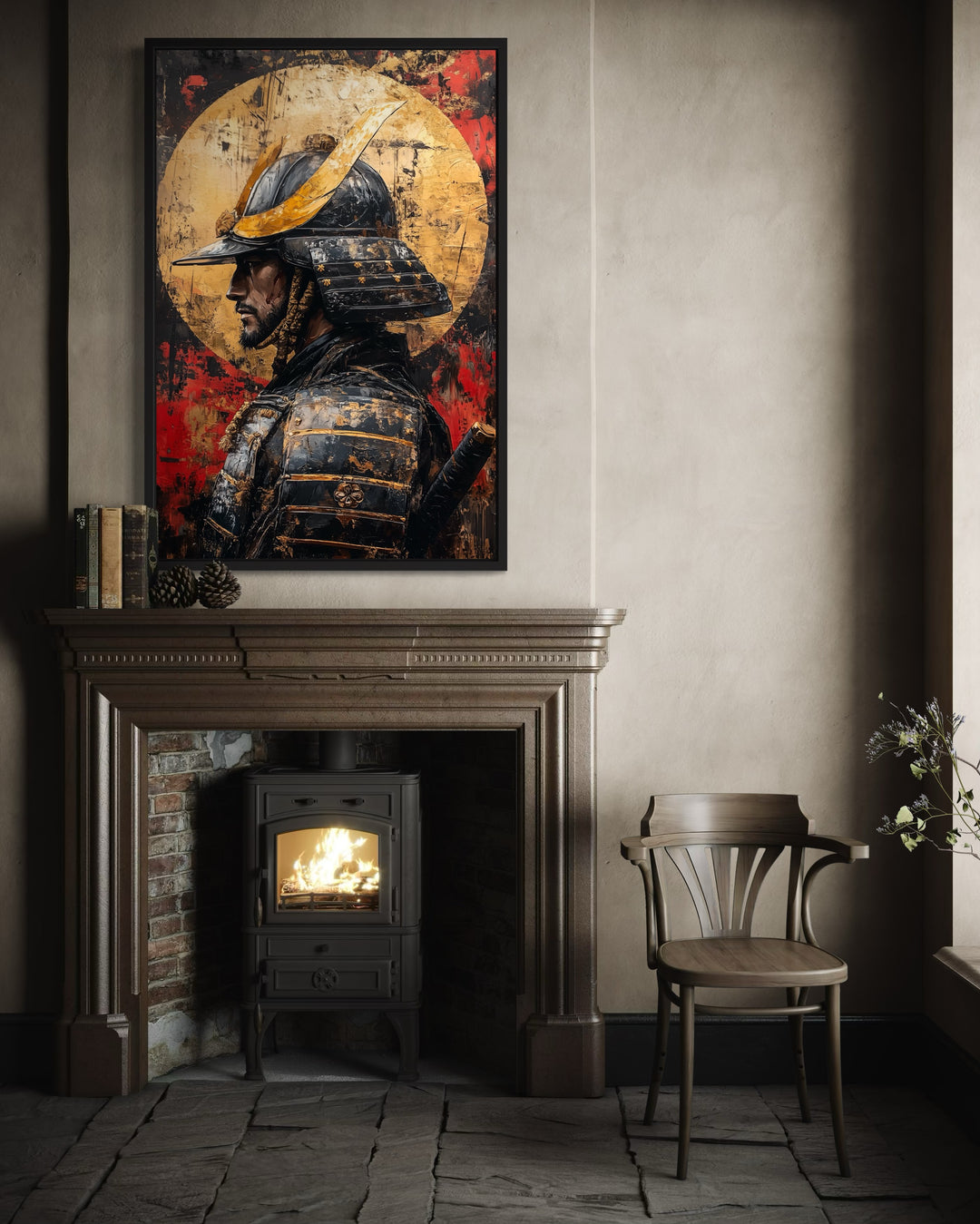 Modern Samurai Portrait With Full Moon Framed Canvas Wall Art above fireplace