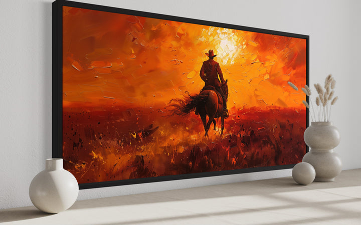 Cowboy Riding Into Sunset Western Canvas Wall Art side view