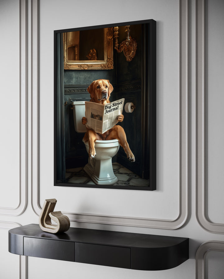 Yellow Labrador Retriever On Toilet Reading Newspaper canvas wall art side view