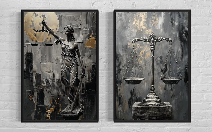 Law Office Set Of 2 Lady Justice And Scales Of Justice Framed Canvas Wall Art close up