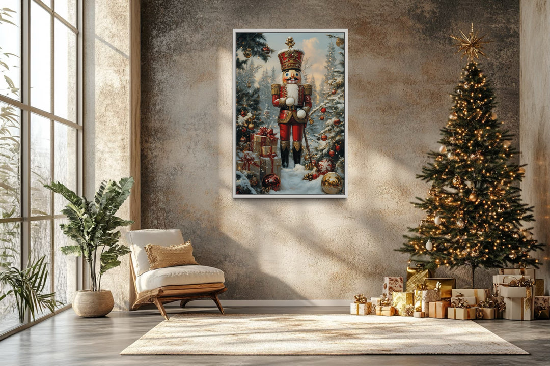 Nutcracker Under Christmas Tree Framed Canvas Wall Art in christmas room