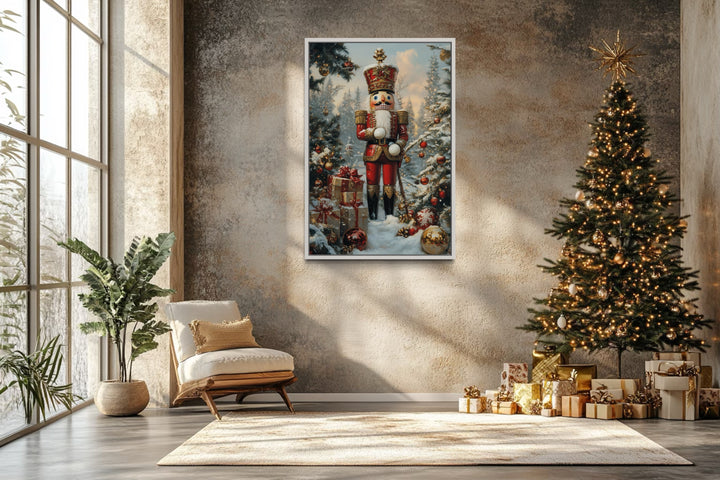 Nutcracker Under Christmas Tree Framed Canvas Wall Art in christmas room