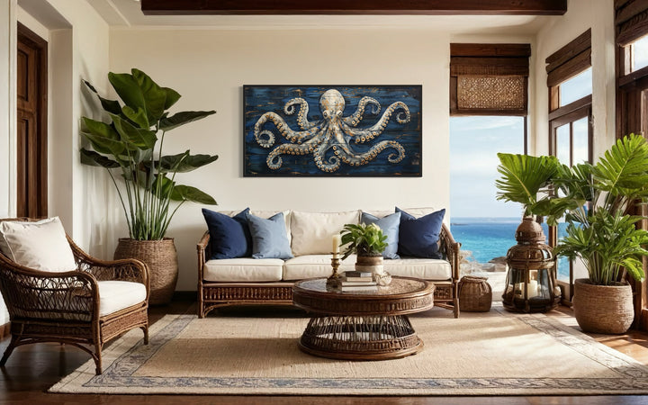 Octopus Painting On Navy Blue Wood Framed Canvas Wall Art in coastal living room