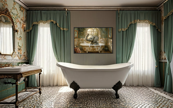 a bathroom with a claw foot tub and a painting on the wall