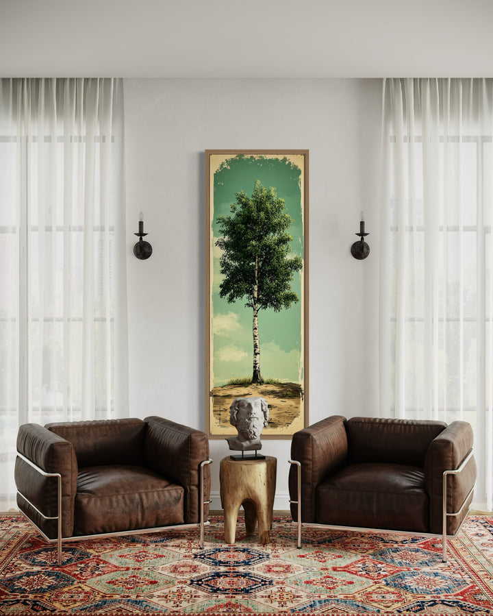 aVertical Long Narrow Rustic Birch Tree Framed Canvas Wall Art in living room filled with furniture