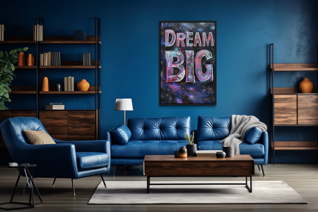 Dream Big Graffiti Painting Motivational Framed Canvas Wall Art in a living room with a blue couch and two chairs