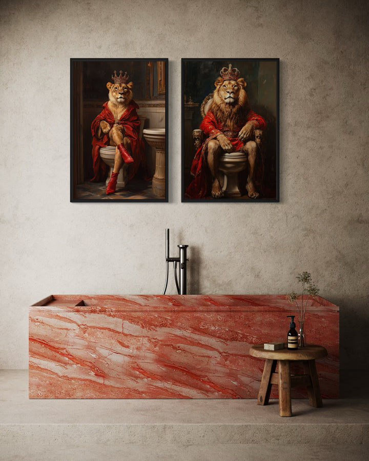 2 Piece Male Female Bathroom Wall Art - Lion King And Lioness Queen On Toilets in the bathroom