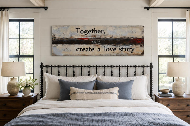 Horizontal canvas art with "Together, we create a love story" quote above a bed in a bedroom.