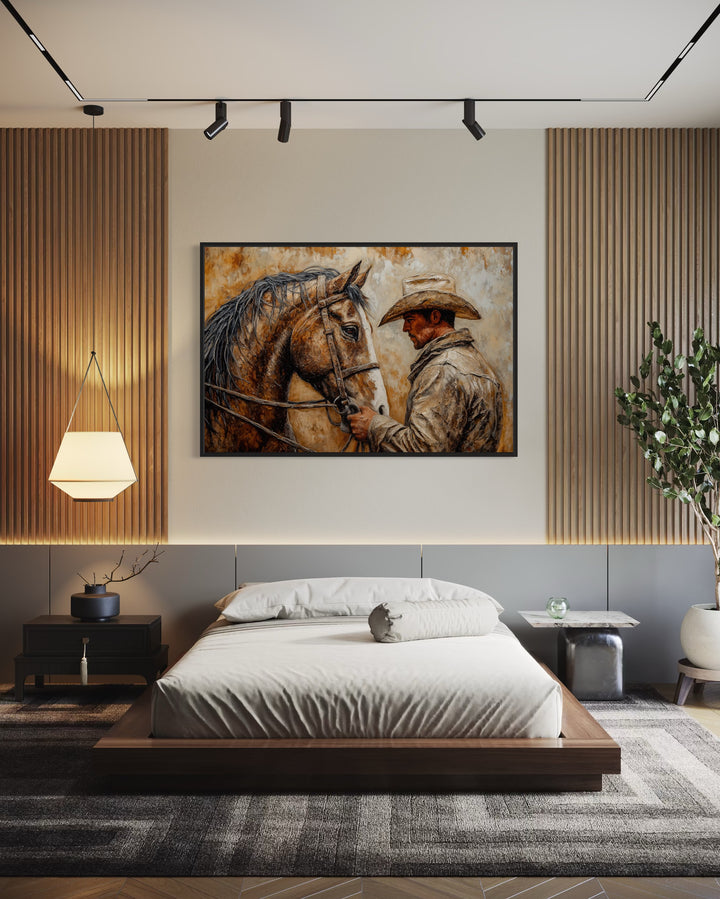 Portrait Of A Cowboy And His Horse Western Framed Canvas Wall Art above bed