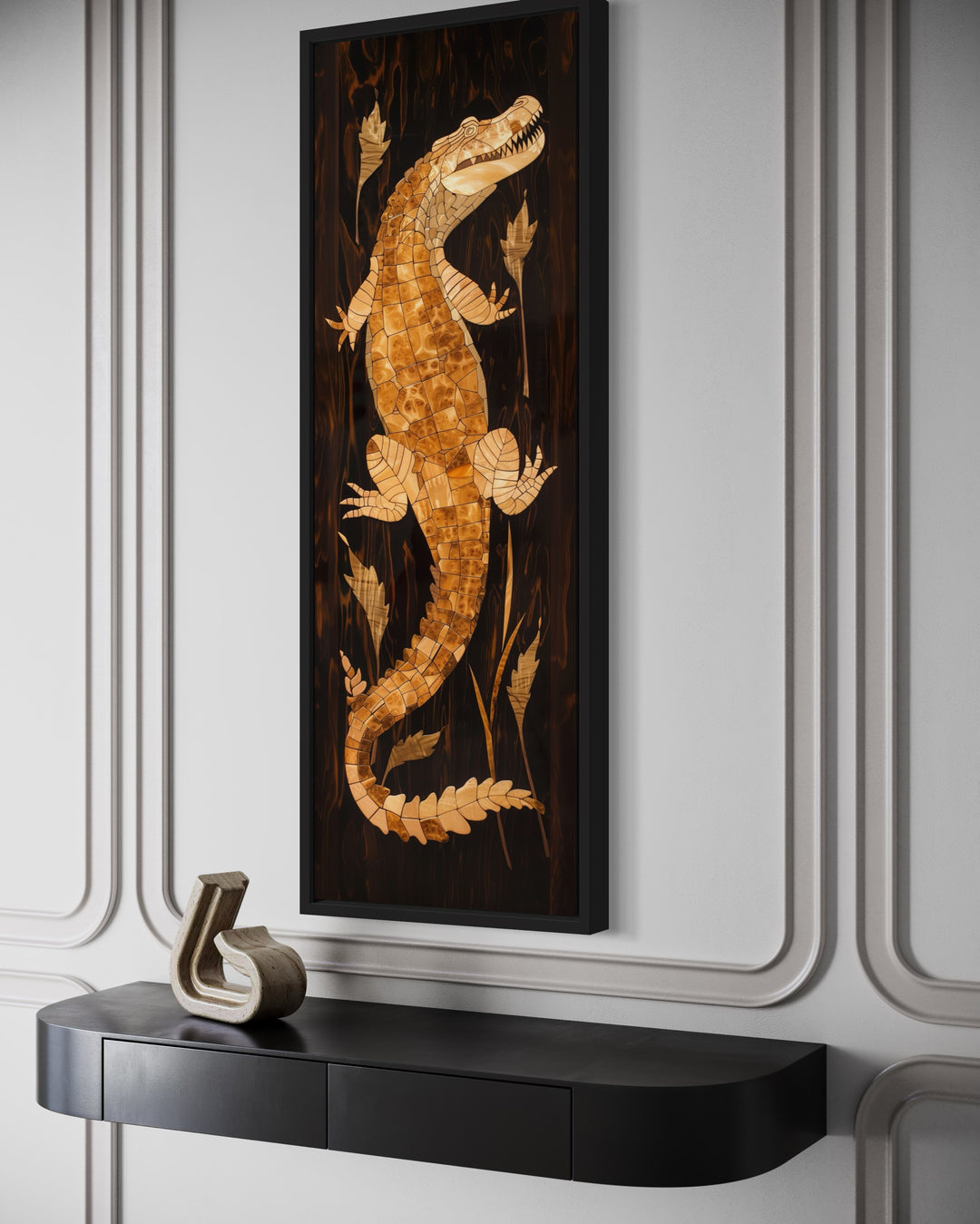 Tall Narrow Vertical Wooden Alligator Framed Canvas Wall Art side view