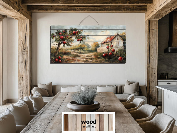 Rustic Apple Orchard With Barn Distressed Wood Dining Room Wall Art
