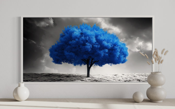 Blue Tree on Black White Background Framed Canvas Wall Art in a bedroom close up