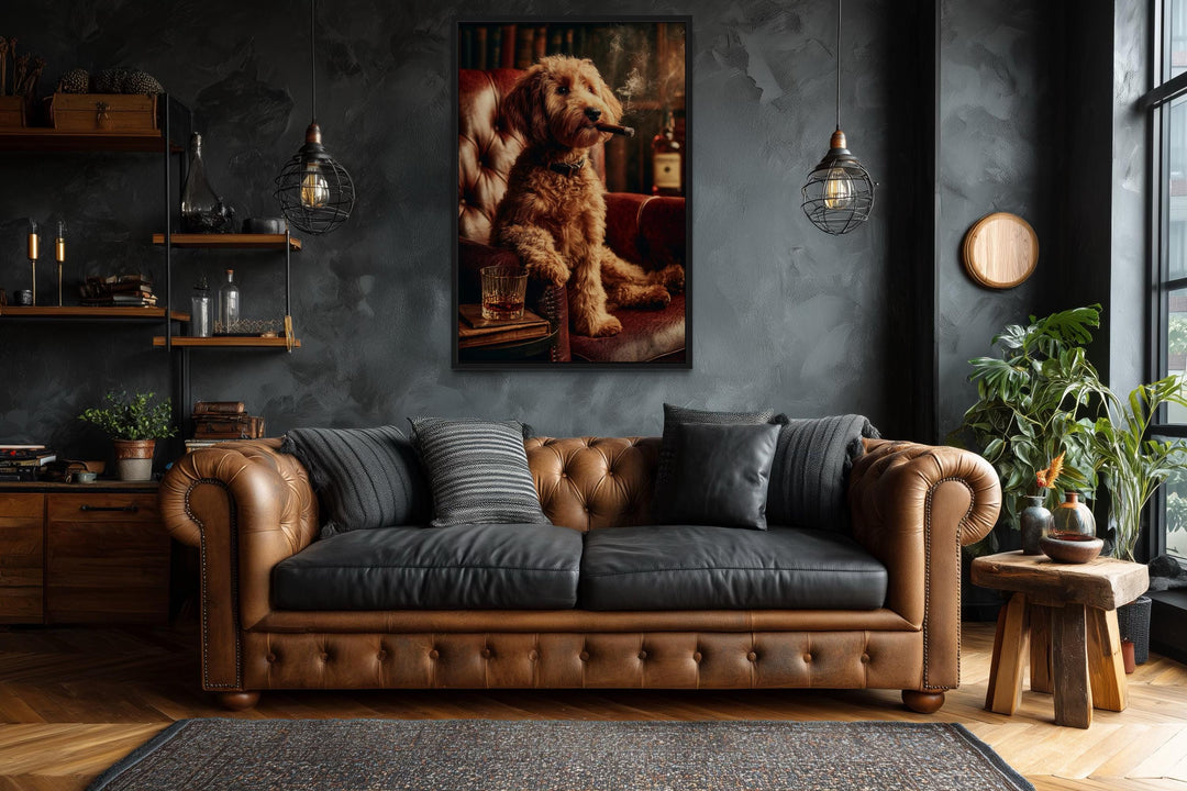Red Brown  Goldendoodle Dog Drinking Whiskey and Smoking Cigar Canvas Wall Art