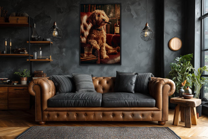 Red Brown  Goldendoodle Dog Drinking Whiskey and Smoking Cigar Canvas Wall Art
