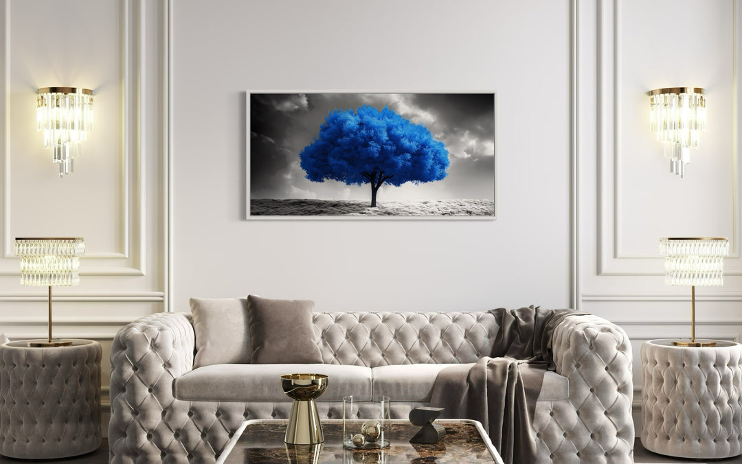 Blue Tree on Black White Background Framed Canvas Wall Art in living room