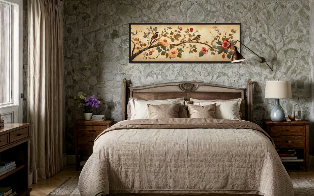 Birds On A Branch Long Horizontal Antique Framed Tapestry Canvas Wall Art in antique bedroom