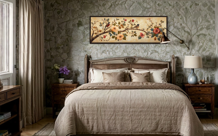 Birds On A Branch Long Horizontal Antique Framed Tapestry Canvas Wall Art in antique bedroom