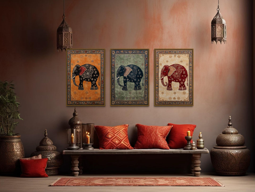 Indian Madhubani Elephant Canvas Wall Art Set of 3
