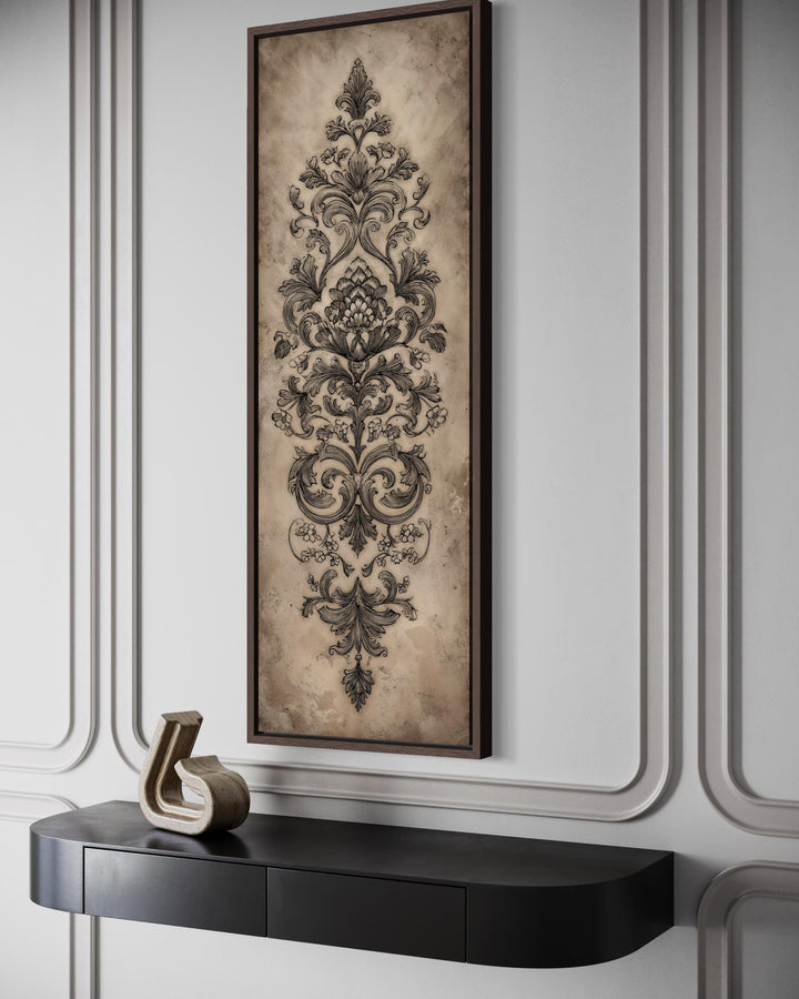 Vertical tall narrow canvas wall art featuring an antique French ornamental damask design.
