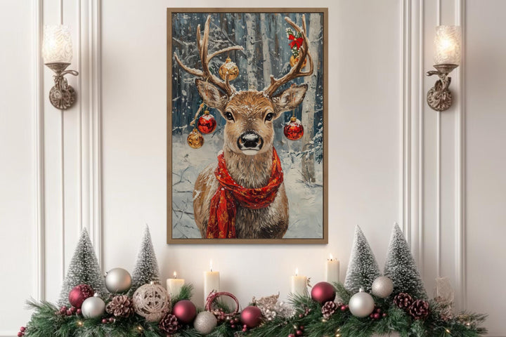 Christmas Reindeer With Red Scarf And Ornaments Canvas Wall Art