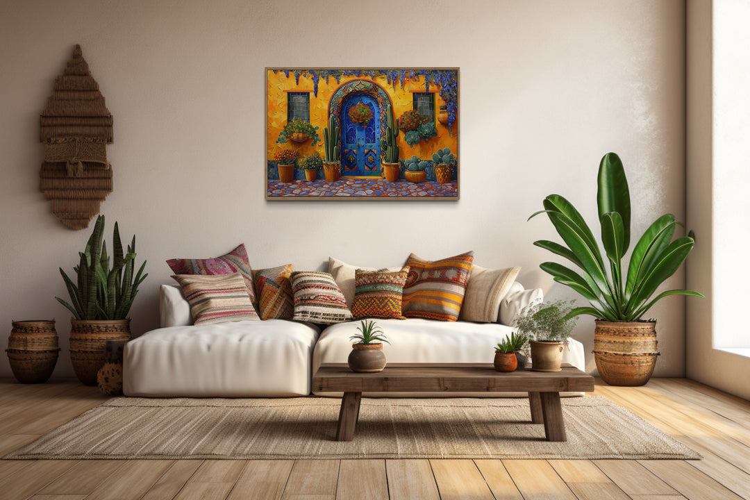 Mexican Door With Cacti Traditional Painting Framed Canvas Wall Art in a mexican living room filled with furniture