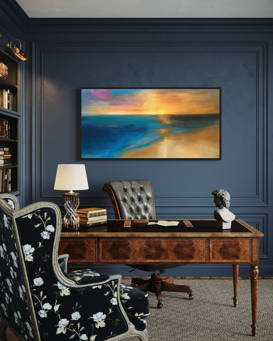 Gold Navy Blue Abstract Ocean Sunset Nautical Room Framed Canvas Wall Art in home office