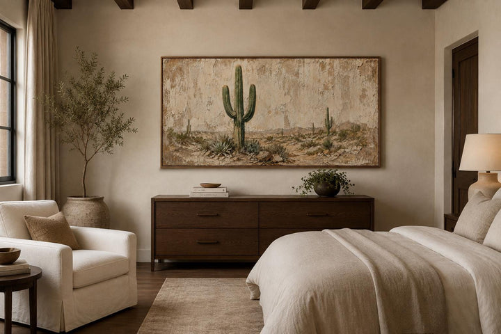 Minimalist saguaro cactus canvas wall art on a weathered wood background in a neutral bedroom.