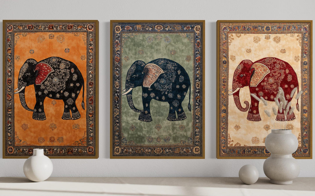 Indian Madhubani Elephant Canvas Wall Art Set of 3