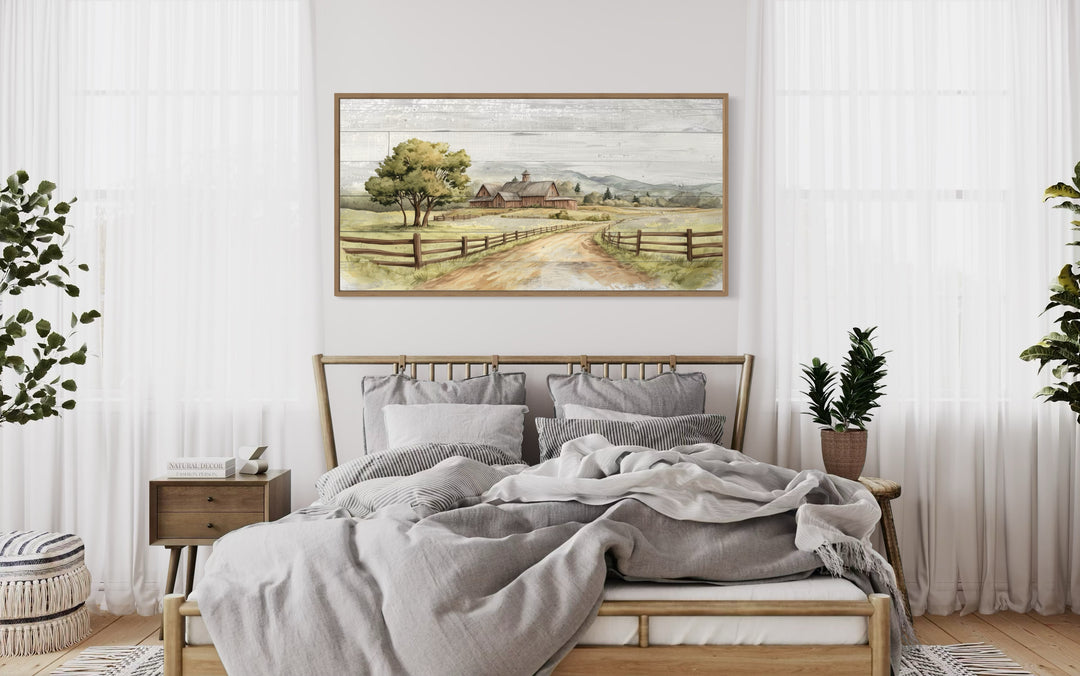 Rustic Old Barn On The Farm Landscape Painting On Wood Canvas Wall Decor above bed