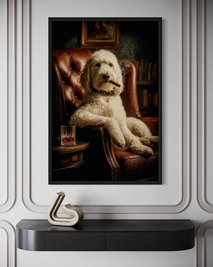 White Goldendoodle Dog Drinking Whiskey and Smoking Cigar Canvas Wall Art