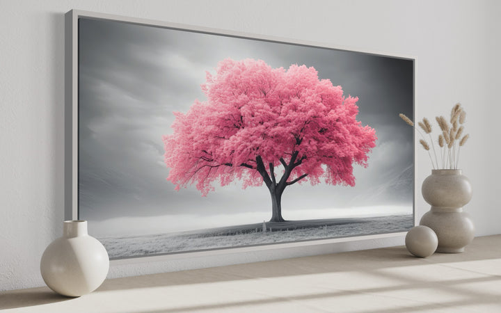 Pink Tree on Black White Background Extra Large Framed Canvas Wall Art side view