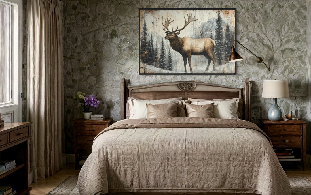 Elk In Winter Fir Tree Forest Painted On Wood Rustic Framed Canvas Wall Art in cabin bedroom