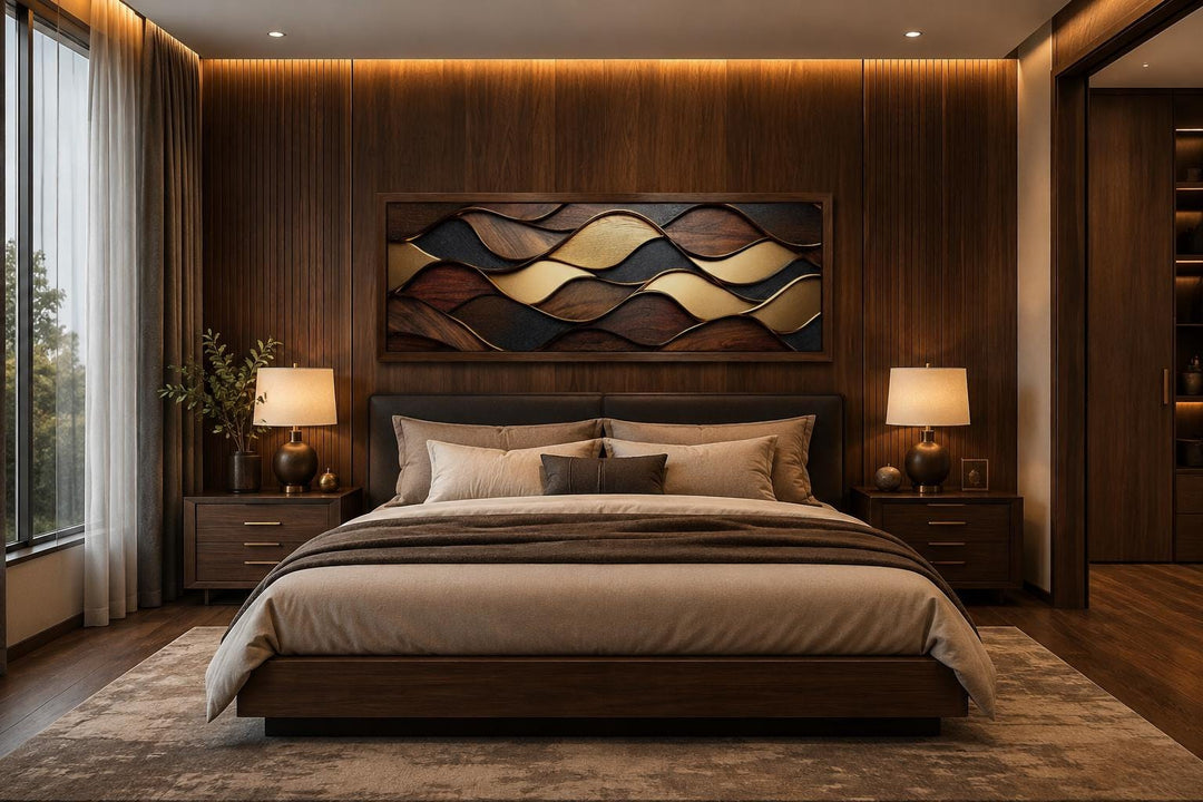 Long horizontal abstract wood texture canvas with brown and gold geometric wave patterns.