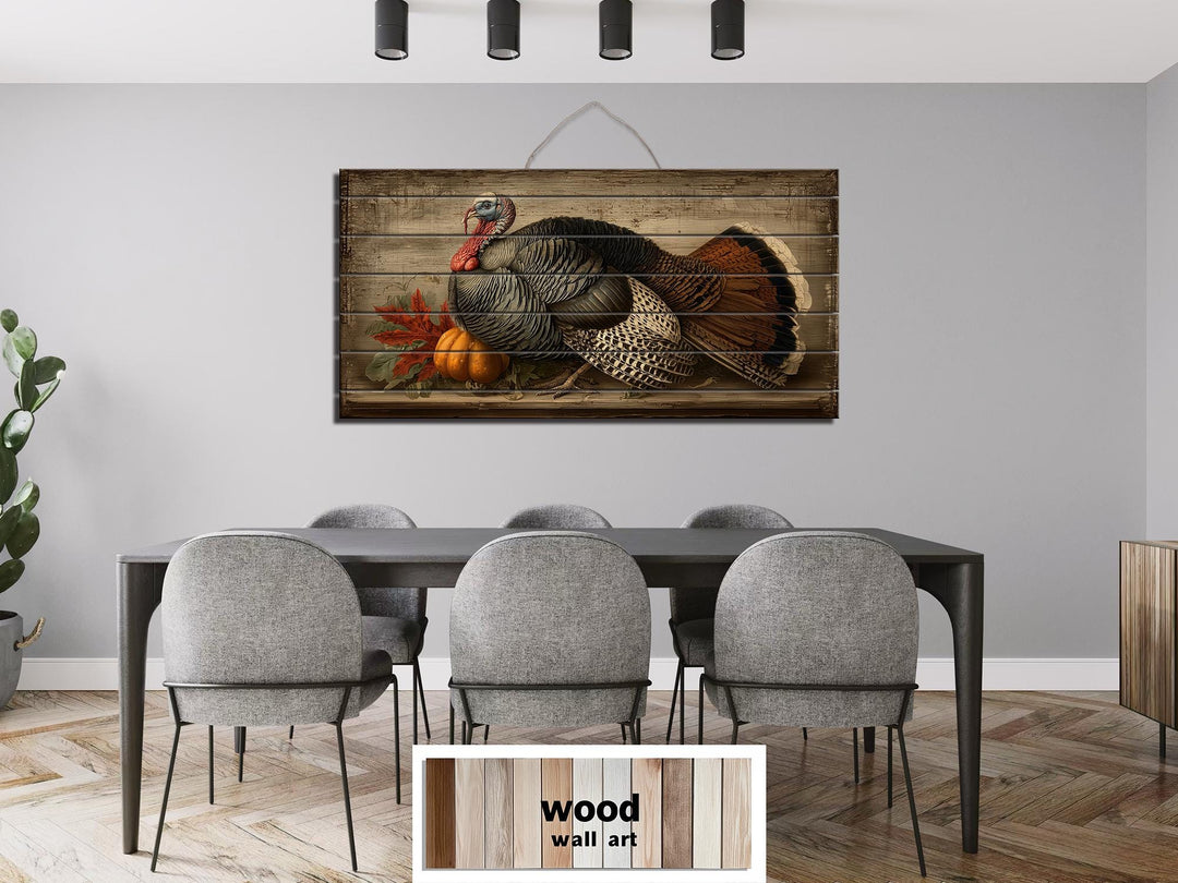 Rustic Thanksgiving Turkey With Pumpkins Distressed Wood Wall Art