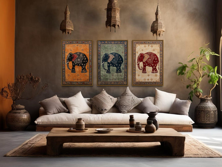 Indian Madhubani Elephant Canvas Wall Art Set of 3