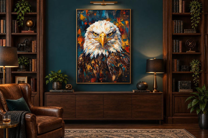 Bald eagle canvas wall art with expressive brushstrokes in a dark wood office setting.