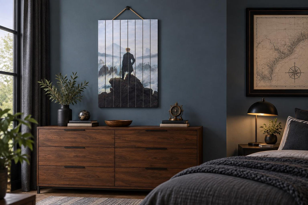 Wanderer Above the Sea of Fog print on vertical distressed wood planks hanging in a dark blue room.