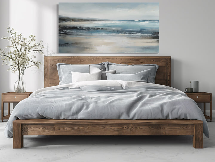 Calm Minimalist Blue Gray Ocean Coastal Framed Canvas Wall above bed