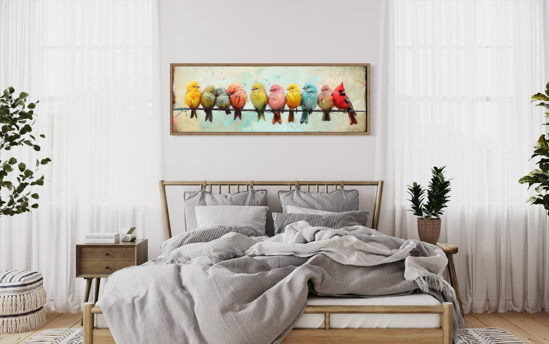 Birds On A Wire Long Horizontal Canvas Wall Art above wooden bed