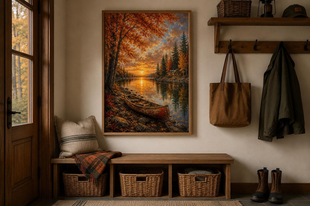 Canoe In Autumn Lake Wall Art - Fall Painting | Vertical Canvas Print, Rustic Cabin Decor