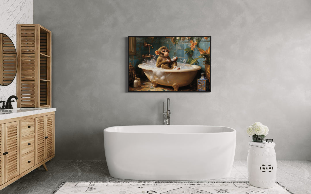 Monkey in a Bathtub Framed Canvas Wall Art in bathroom