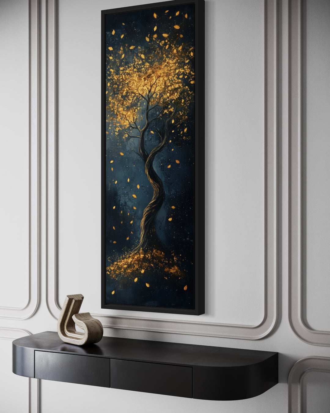 Enchanted Golden Tree On Navy Background Vertical Narrow Wall Art side view