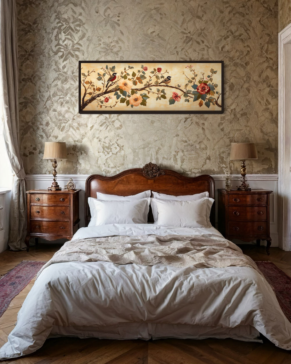 Birds On A Branch Long Horizontal Antique Framed Tapestry Canvas Wall Art in a bedroom with a large bed